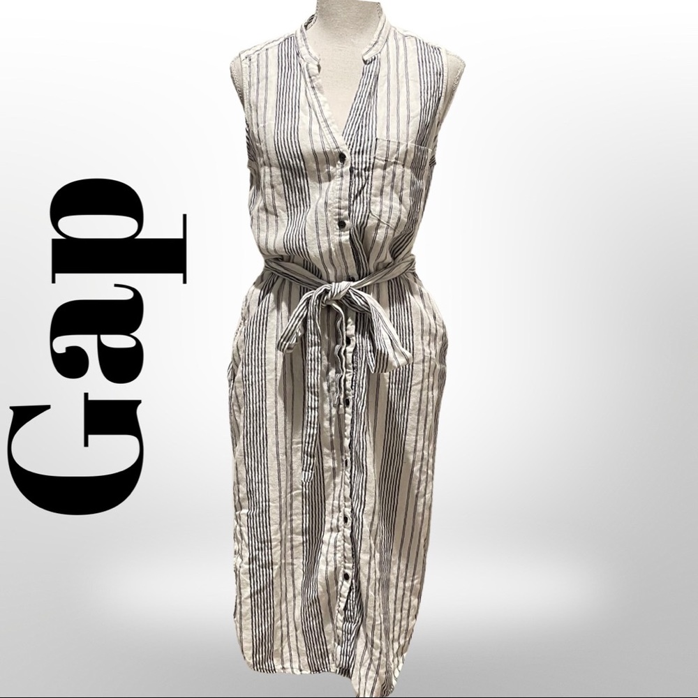 GAP- white and blue striped tunic dress, linen and viscose blend